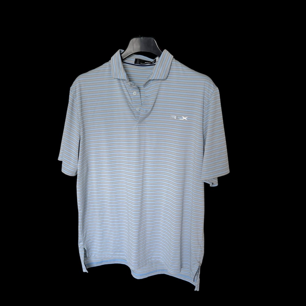 RLX Ralph Lauren XL Blue Grey Striped Performance Golf Polo Shirt Short Sleeve